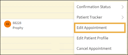 Patient Appointment showing right click menu with a yellow highlight box around edit appointment.